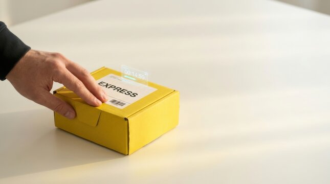 Ultra-fast e-commerce delivery visualized with a human hand closing the magnetic flap of a compact express-delivery parcel box