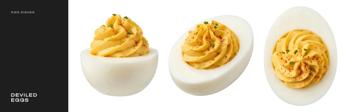 Set of three deviled eggs with paprika and chives isolated on transparent background