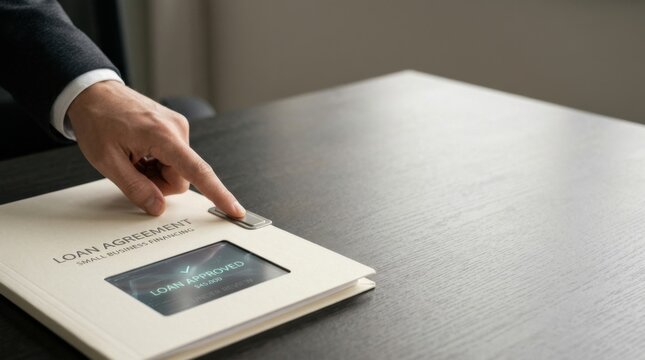 Individual writing on loan agreement folder with digital approval window to visualize financing solutions for small business growth and development