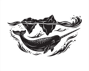 Black and white woodcut style illustration of a narwhal swimming underwater near floating icebergs in the arctic ocean © MATMORJINABEGUM