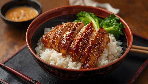 Teriyaki chicken bowl with white rice, sesame seeds and bok choy in a bowl, close up