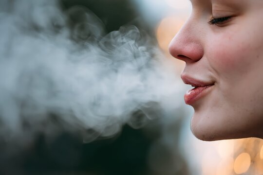 Close-up of a young woman breathing out thick steam or smoke from her mouth outdoors