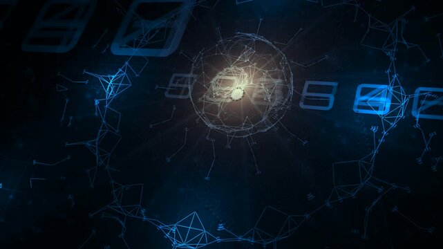 A glowing wireframe sphere sits within a blue digital network with floating data numbers and connected nodes in 3D space, ideal for cybersecurity presentations, tech promos, and corporate backdrops