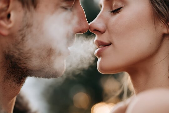 Close-up of a romantic young couple breathing out steam while sharing an intimate moment in cold weather