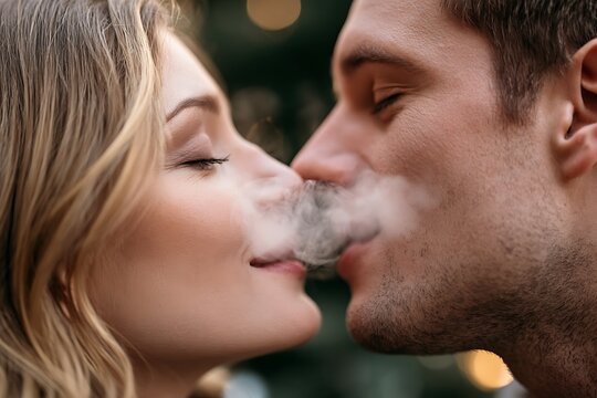 Close-up of a romantic young couple breathing out steam while sharing an intimate moment in cold weather