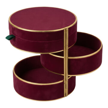 Burgundy velvet round jewelry box with gold trim isolated on transparent background
