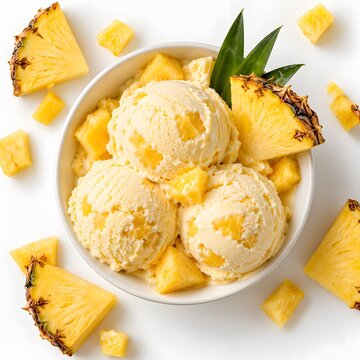Creamy pineapple ice cream with juicy fruit chunks in a white bowl, photographed from above on a clean white background with soft studio lighting.