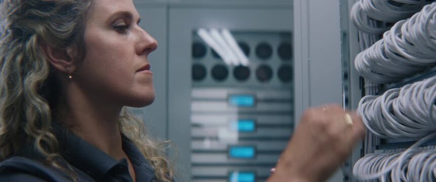 IT Specialist Checking Cable Signal, Server Rack Ports Using Testing Equipment. Physical Layer Troubleshooting, Ethernet Link Verification, Preventive Maintenance in Enterprise Server Infrastructure.