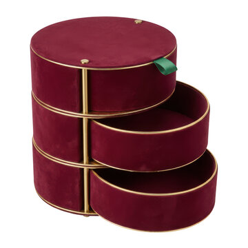 Burgundy velvet round jewelry box with gold trim isolated on transparent background
