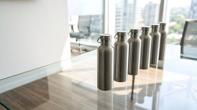 Stainless steel hydration bottles on a glass table in an office