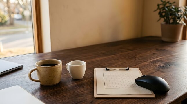 Wooden desk with coffee cup clipboard and computer mouse in natural light