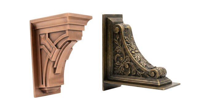 Two decorative architectural corbels or brackets made of metal isolated on transparent background