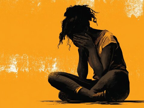 Person sitting alone at sunset with arms crossed Vector