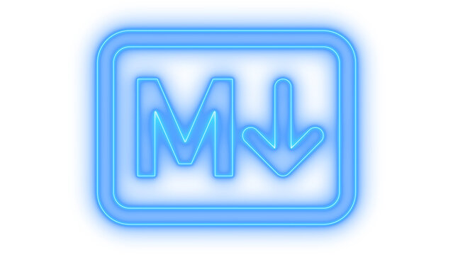 Glowing neon markdown icon symbol representing lightweight markup language for text formatting and blogging isolated on transparent background for web development