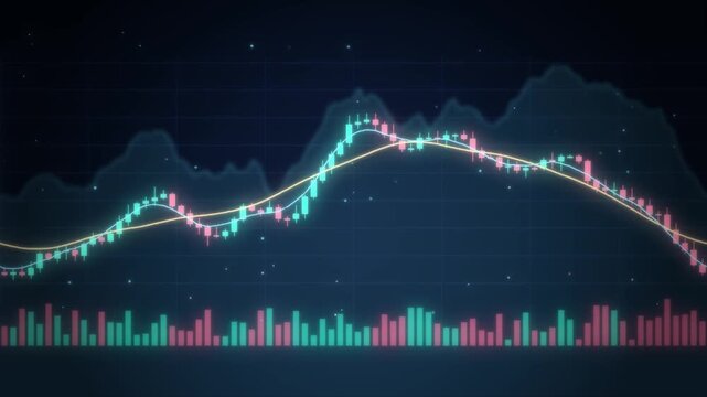 Stock market candlestick chart with volume bars rising on dark space