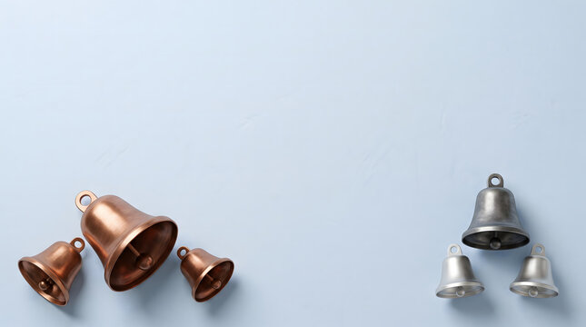 Assorted vintage bells in copper and silver tones arranged on a light blue background