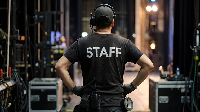 Back view of stage crew staff member wearing headset standing backstage during concert event