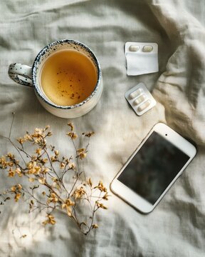 Flat lay of vintage enamel tea mug, smartphone and daily medication on sage linen, senior wellness and slow living concept