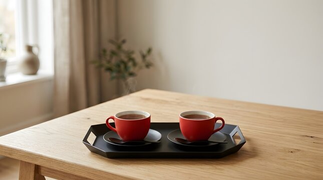 Two vibrant red ceramic cups on a modern black tray atop a wooden table