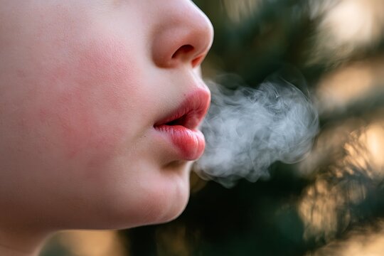 Macro close-up of a child's mouth breathing out thick steam or vapor in cold winter weather outdoors