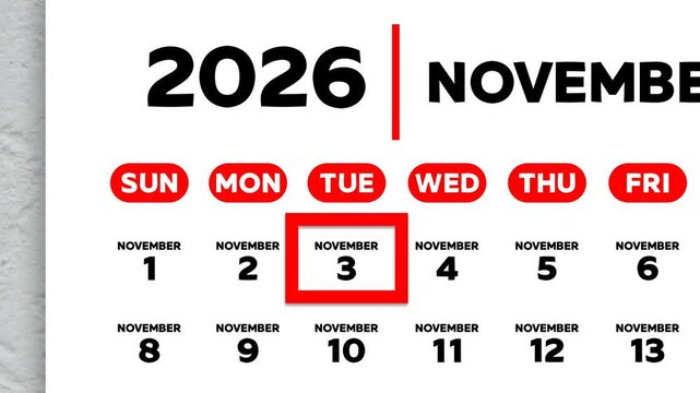 Red cursor highlighting November 3rd on a 2026 wall calendar page. United States calendar style, Sunday start week layout