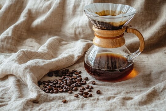 Flat lay of pour-over coffee setup with glass server and scattered beans, quiet slow morning background