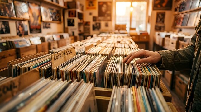 Close-up of a person browsing through vintage vinyl record collections in a cozy music shop