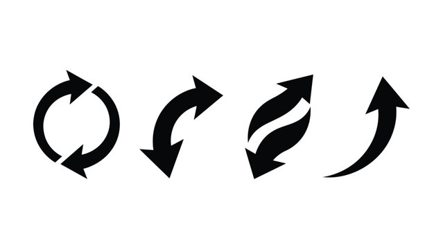 Various black curved arrow icons and a circular refresh reload symbol vector set