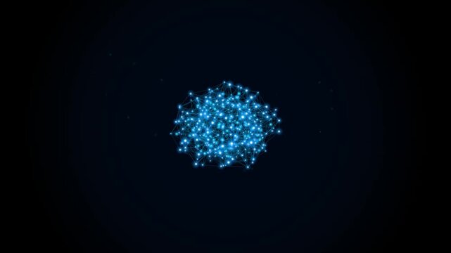 Abstract glowing blue digital neural network sphere with connected nodes and data lines rotating on a dark background for technology and science animation video footage