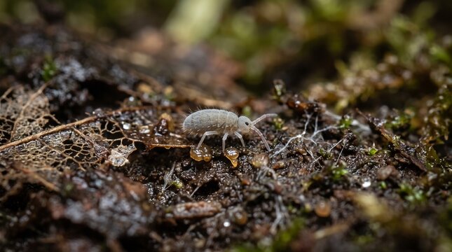 Tiny Springtail Living in Moist Forest Soil Among Decaying Leaves, Soil Biodiversity and Natural Decomposition Ecosystem