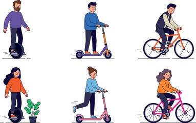 Urban Eco Transport Illustration Set with Men and Women Riding Electric Unicycles, Kick Scooters, and Bicycles for Sustainable Mobility Designs, City Commuter Themes, and Green Lifestyle Graphics © SM