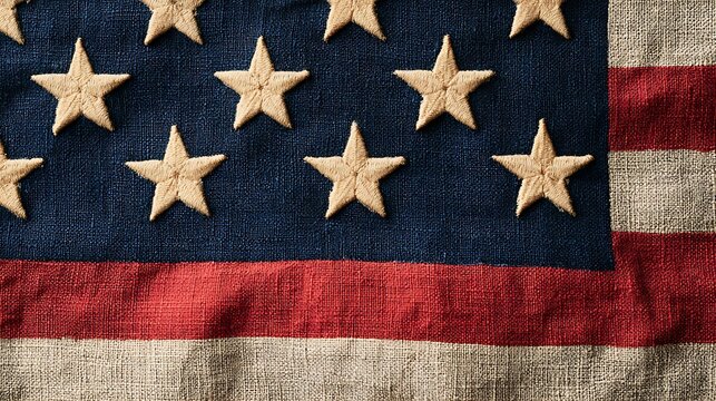Close-up of a vintage American flag made of textured canvas or linen fabric with embroidered stars