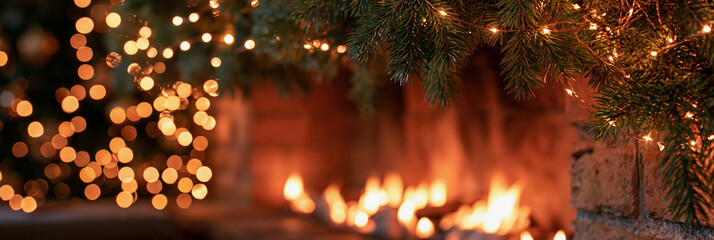 Fototapeta na wymiar Cozy fireplace glows warmly behind pine branches. Festive lights blur softly in background bokeh. Warmth radiates from flickering flames and greenery. Perfect for holiday, home, or winter mood themes