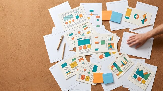 Person organizing website wireframe sketches and flowcharts on a desk