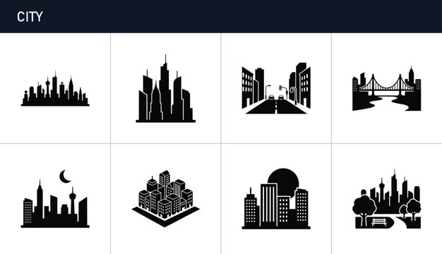 Cityscape silhouettes set with skyscrapers and bridge