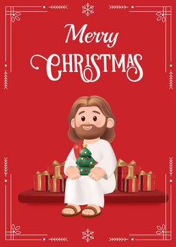 Merry Christmas Greeting Poster with Cute Jesus Character sitting, Christmas Tree and Holiday Gift Boxes on Red Background &ndash; Editable Vector Illustration