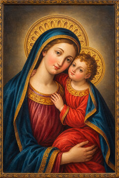 Painting of Blessed Virgin Mary holding baby Jesus Christ in her arms. AI modified.