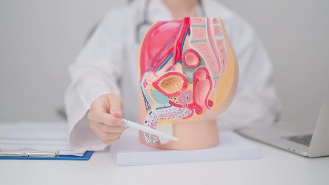 Doctor with Male Reproductive System anatomy model. Male consultation, Prostate Cancer, Enlarged prostate, Prostatitis disease, Male Infertility, Erectile dysfunction, Penis and Male genital disorder