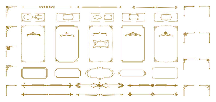 Decorative gold frames and dividers in various shapes for elegant design elements