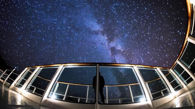 Watching starry night sky from cruise ship deck while traveler stands alone near illuminated railing under vast moving constellation and clear deep blue milky way during ocean voyage tracking