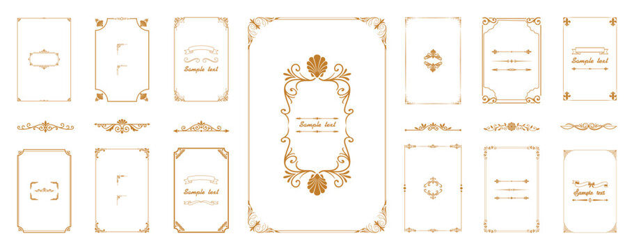 Decorative gold frames and dividers in various shapes for elegant design elements