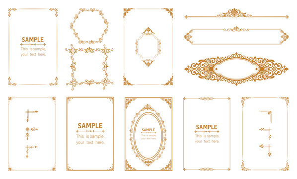 Decorative gold frames and dividers in various shapes for elegant design elements