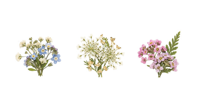 Set of Three Petite Pressed Wildflower Posies Featuring Blue Forget Me Not White Queen Anne Lace and Pink Phlox Isolated on Transparent Background