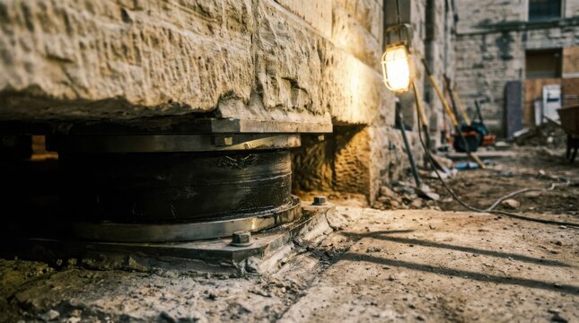 Seismic base isolator bearing assembly installed beneath historic dressed stone masonry foundation wall with high-strength structural grout for architectural heritage earthquake retrofitting.