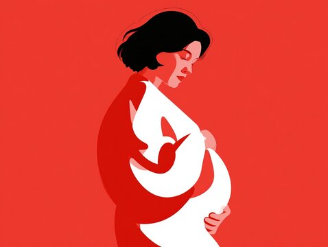 Pregnant woman holding belly with red background Vector