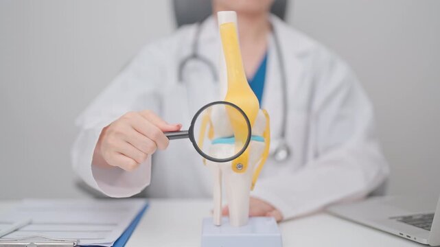 Doctor with Human Knee joint anatomy model. Osteoarthritis, Patellofemoral Pain Syndrome, Patellar Tendinitis, ACL, Anterior Cruciate Ligament, PCL, Posterior, MCL, Medial Collateral, LCL and Lateral