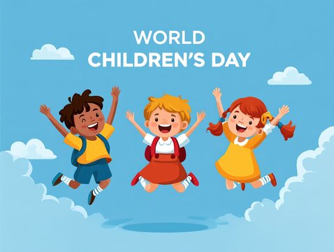 Three happy children celebrating world children's day in sky Vector