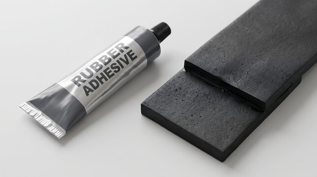 Tube of rubber adhesive next to black rubber material