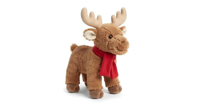 Cute plush reindeer toy with red scarf isolated on white background