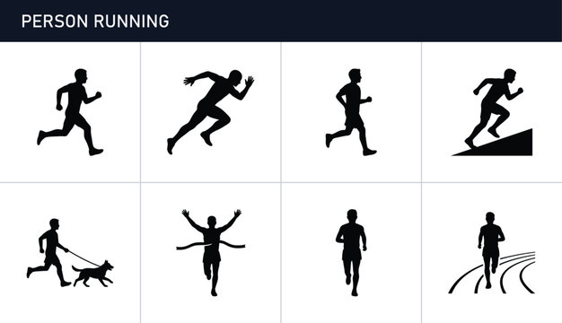 Running person silhouettes set with action poses and dog walker, sports and fitness icons